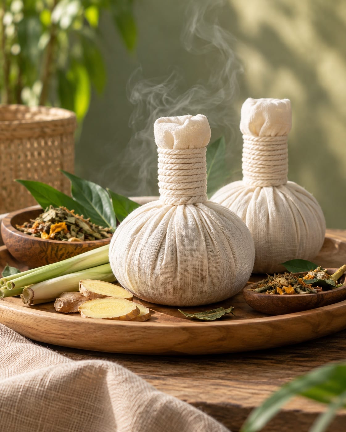 Túi thảo dược ấm bốc hơi trên khay gỗ cùng sả, gừng và lá khô