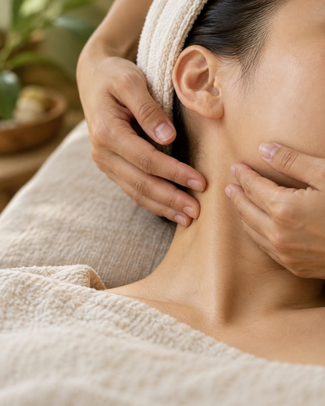 Đôi tay nâng nhẹ đường viền gương mặt, khăn quấn tóc màu kem