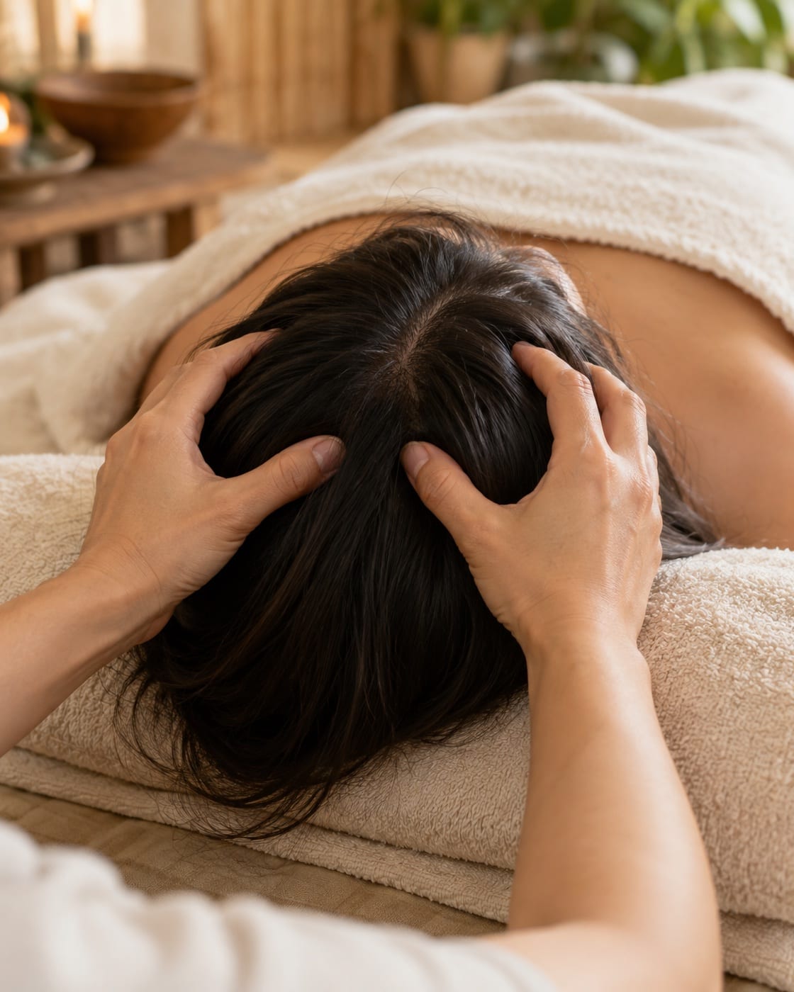 Đôi tay thư giãn vùng đầu khi khách nằm nghỉ trên giường phủ khăn