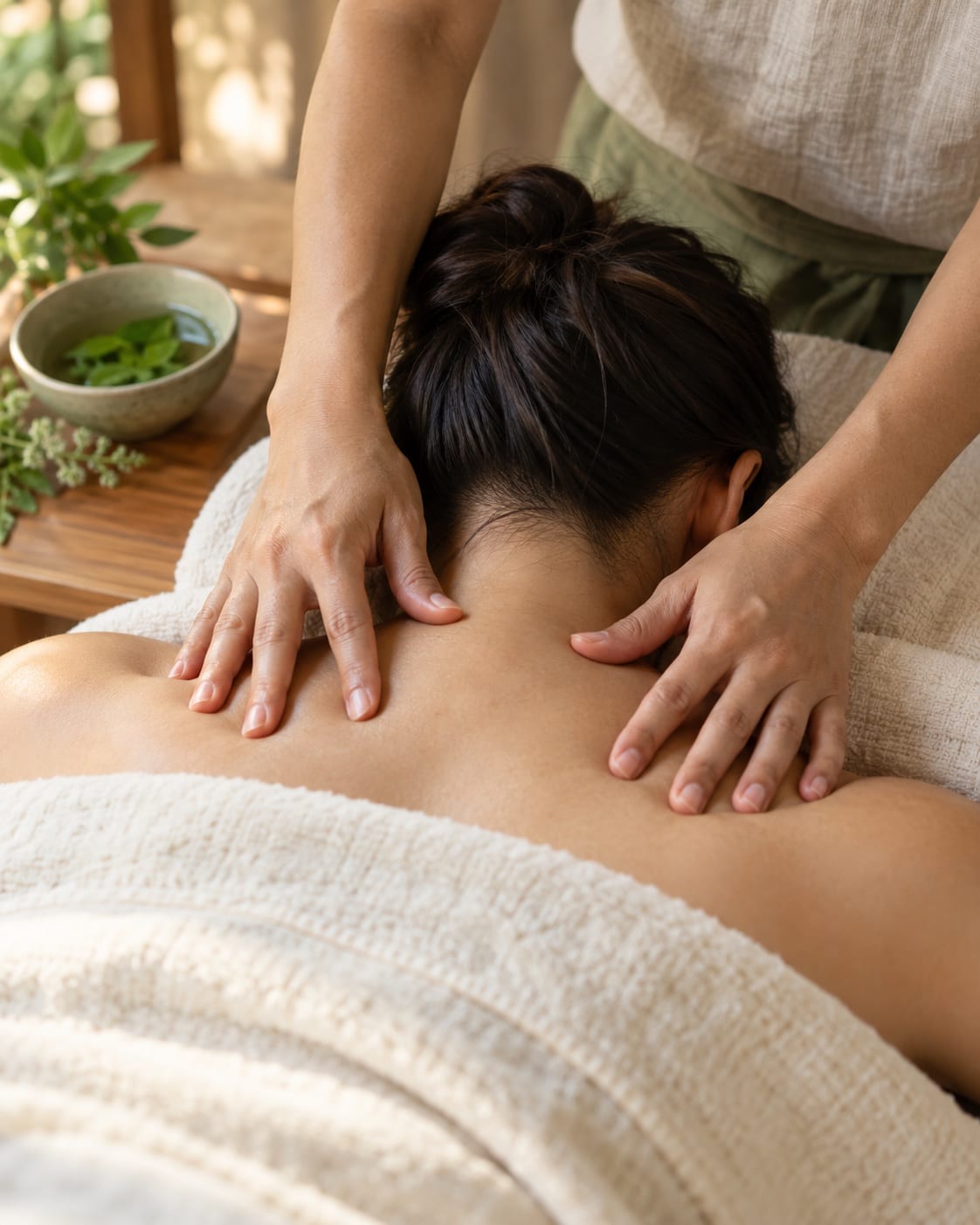 Đôi tay đặt nhẹ trên cổ vai, bên cạnh chén nước thảo mộc