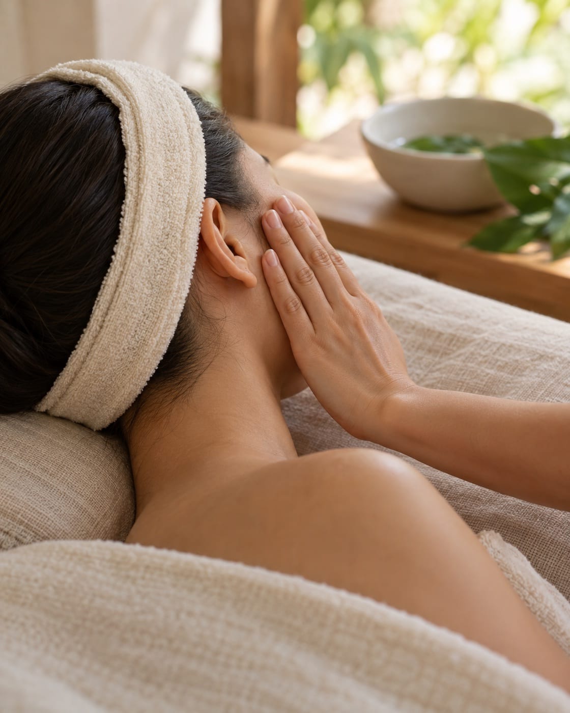 Đôi tay đặt nhẹ trên gò má, khăn quấn tóc màu kem