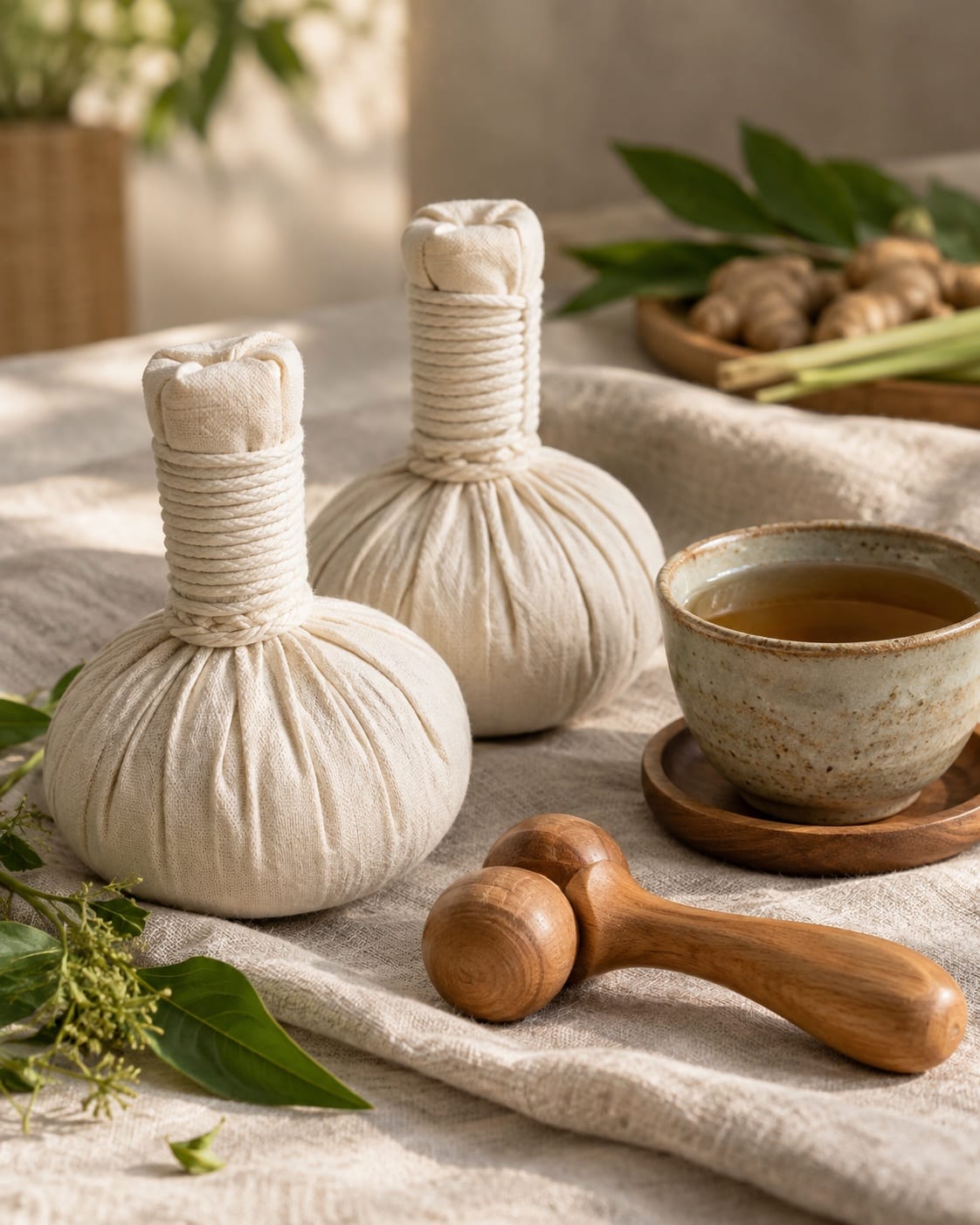 Túi thảo dược, cây lăn gỗ và chén trà thảo mộc trên khăn vải lanh