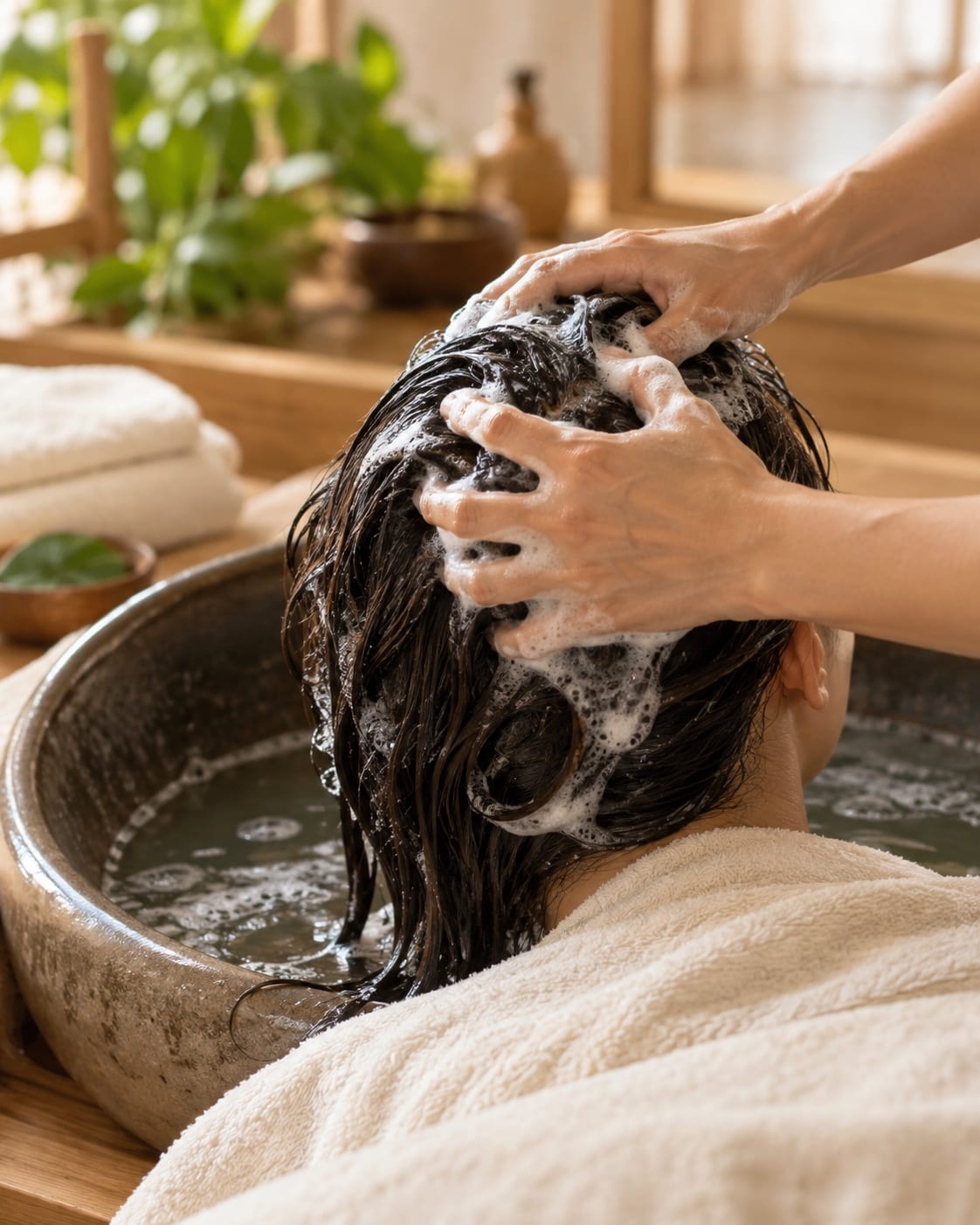 Đôi tay gội và thư giãn da đầu bên chậu gội gốm, khăn trắng gấp gọn